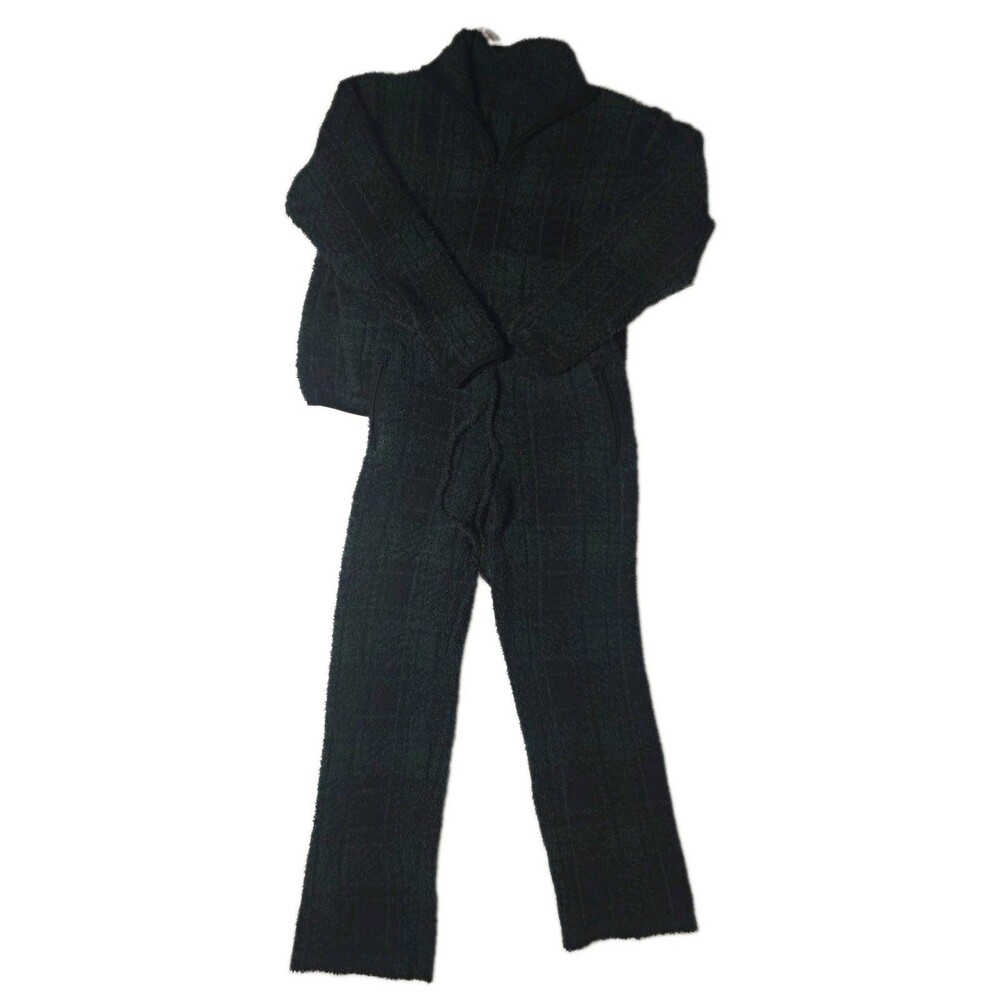 Skims Plaid Fleece 2pc Set S/M Green/Black 1/4 Zip Mock Neck Sweater Pants